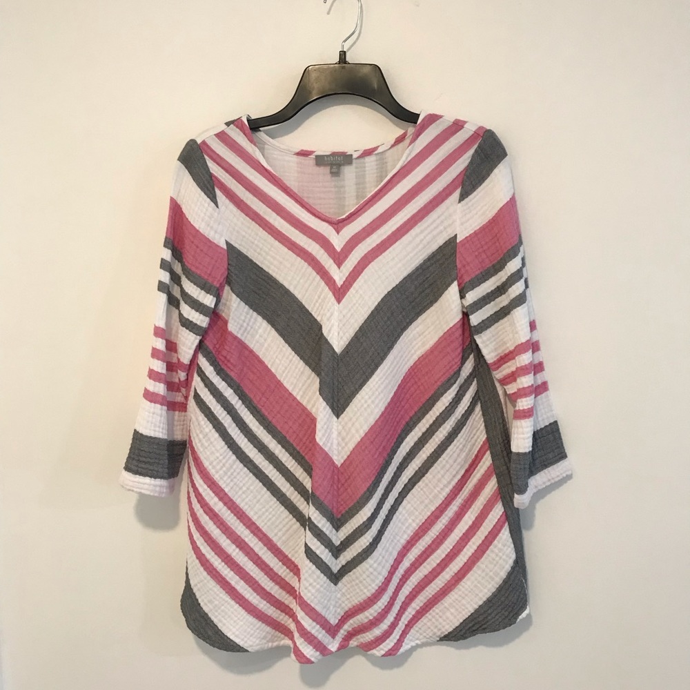 Habitat 3/4 sleeve V-neck long Top, XS (fits like S), pink, gray mitre stripe